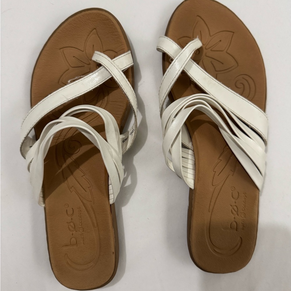 b.o.c. White and Tan Sandals with Woven Straps
